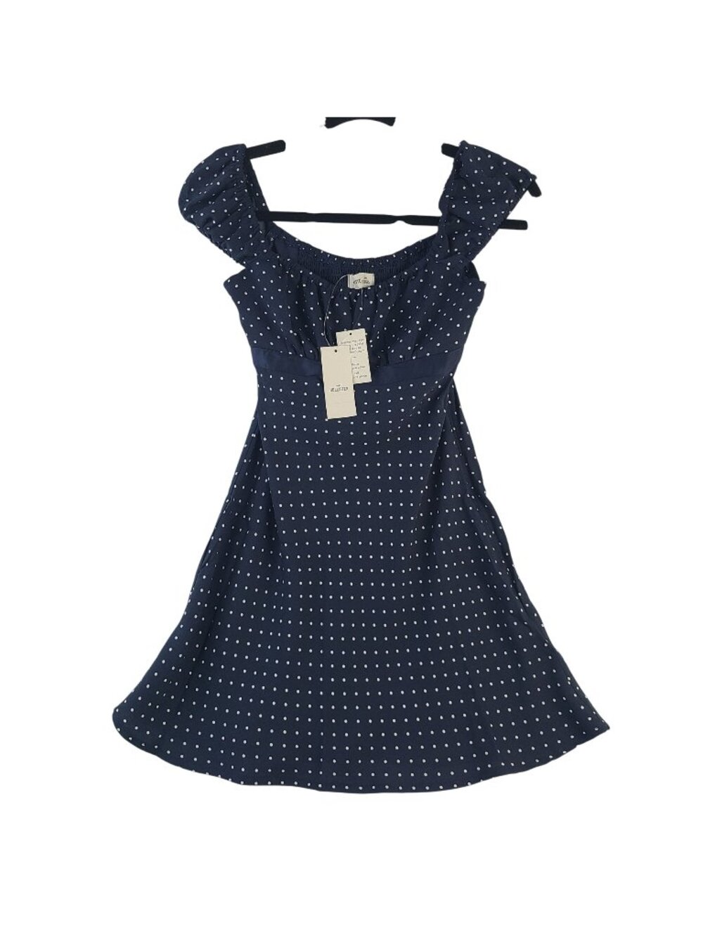 NEW Hollister Navy Polka Dot A-Line Dress With Ruffle Sleeves & Tie Back Sz XS